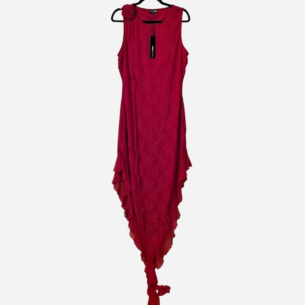 NWT Fashion Nova Whimsygoth Fairycore Red Lace Asymmetrical Ruffle Dress Maxi